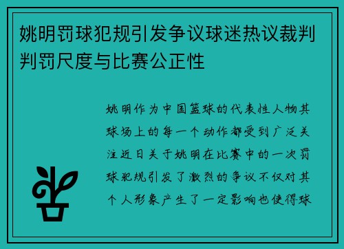姚明罚球犯规引发争议球迷热议裁判判罚尺度与比赛公正性